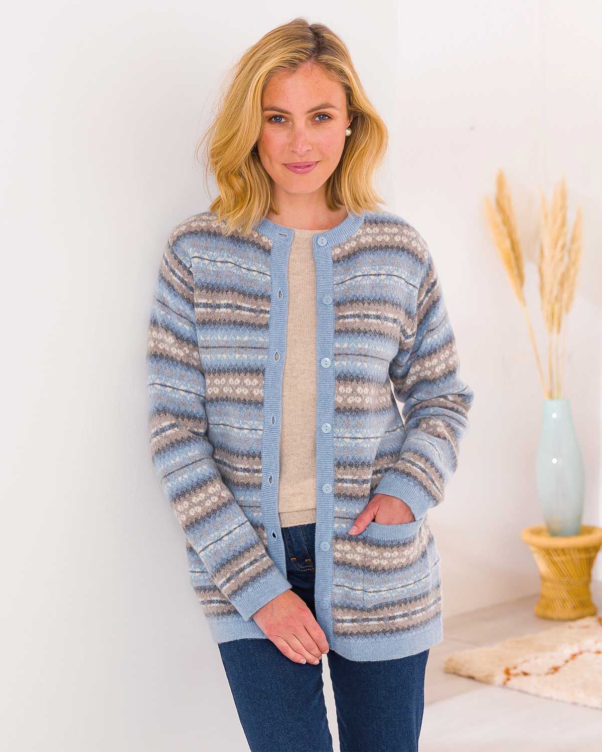 Serena Crew Neck Lambswool Fairisle Cardigan - Image 1 - The Classic Boutique