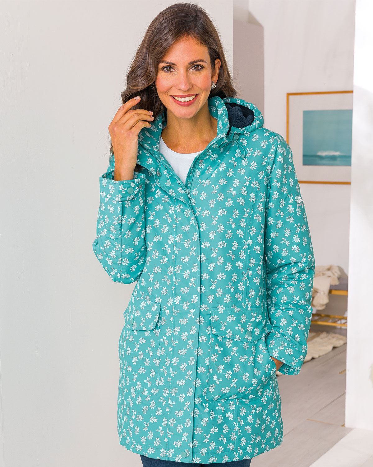 Lisa Floral Zip Front Waterproof Jacket - Jade - Image 1 - The Classic Boutique