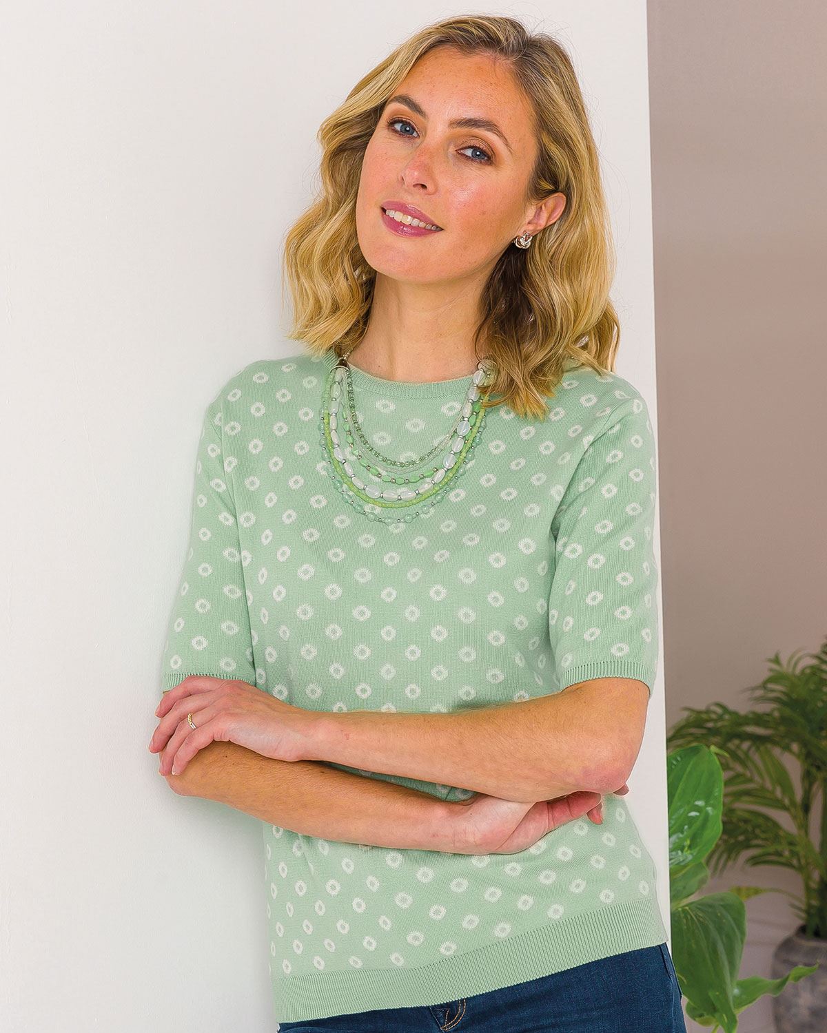 Darcy Cotton Jacquard Short Sleeve Ladies Jumper - Image 1 - The Classic Boutique