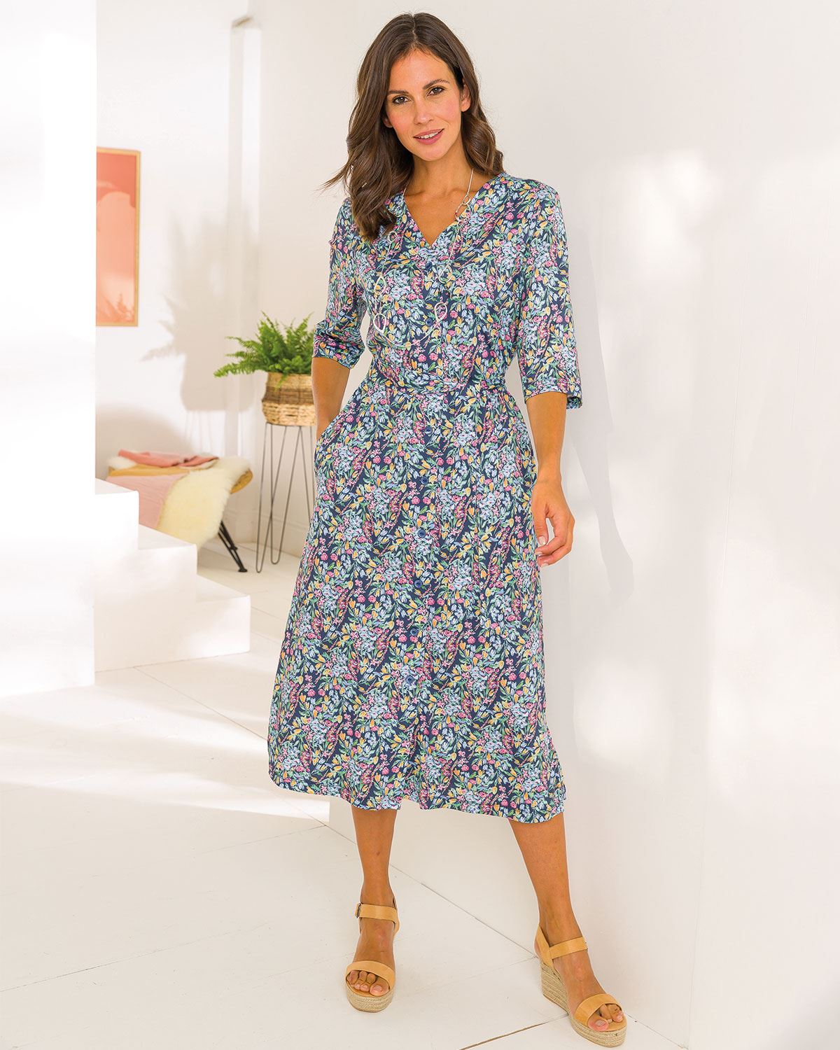 Jayne 3/4 Sleeve Cotton Floral Shirt Dress - Image 1 - The Classic Boutique
