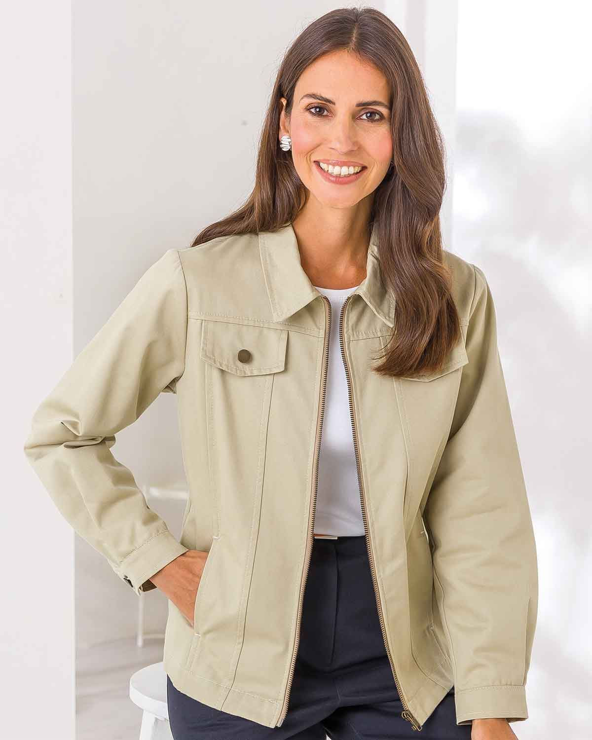 Chino Pure Cotton Twill Ladies Zip Jacket - Beige - The Classic Boutique
