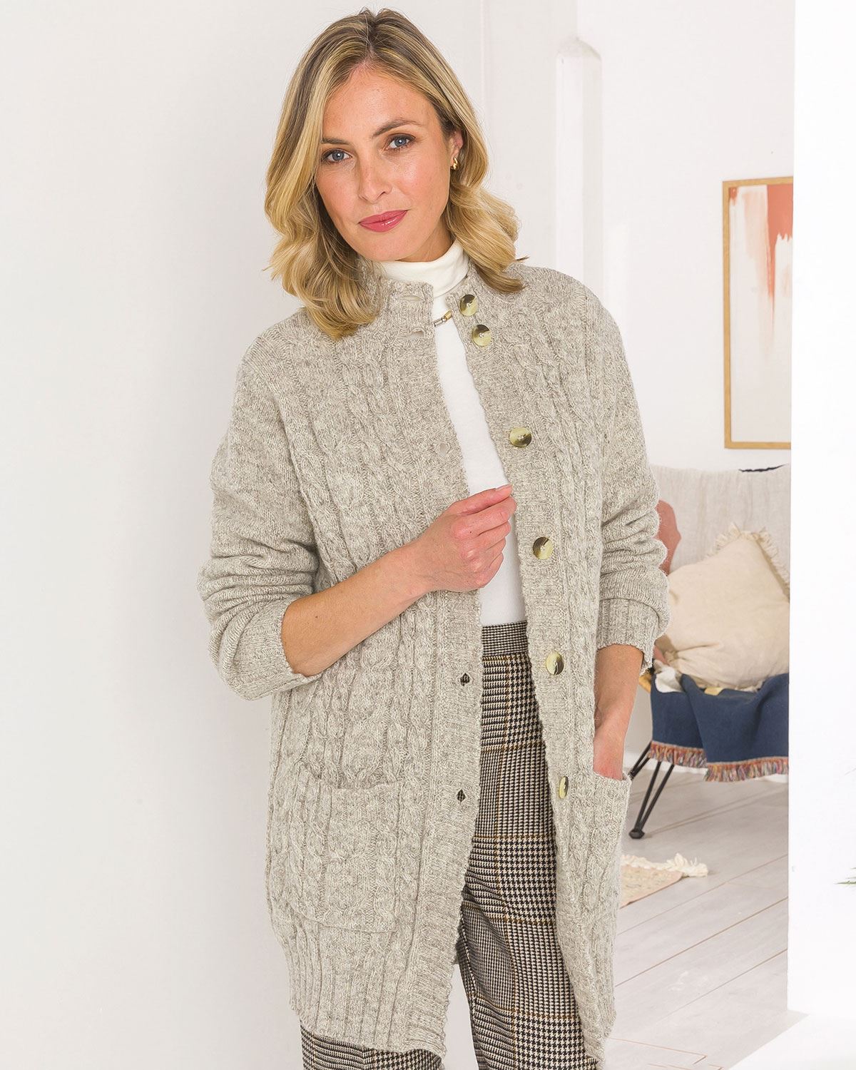 Elsie Longline Pure Shetland Wool Cable Cardigan - Natural - Image 1 - The Classic Boutique