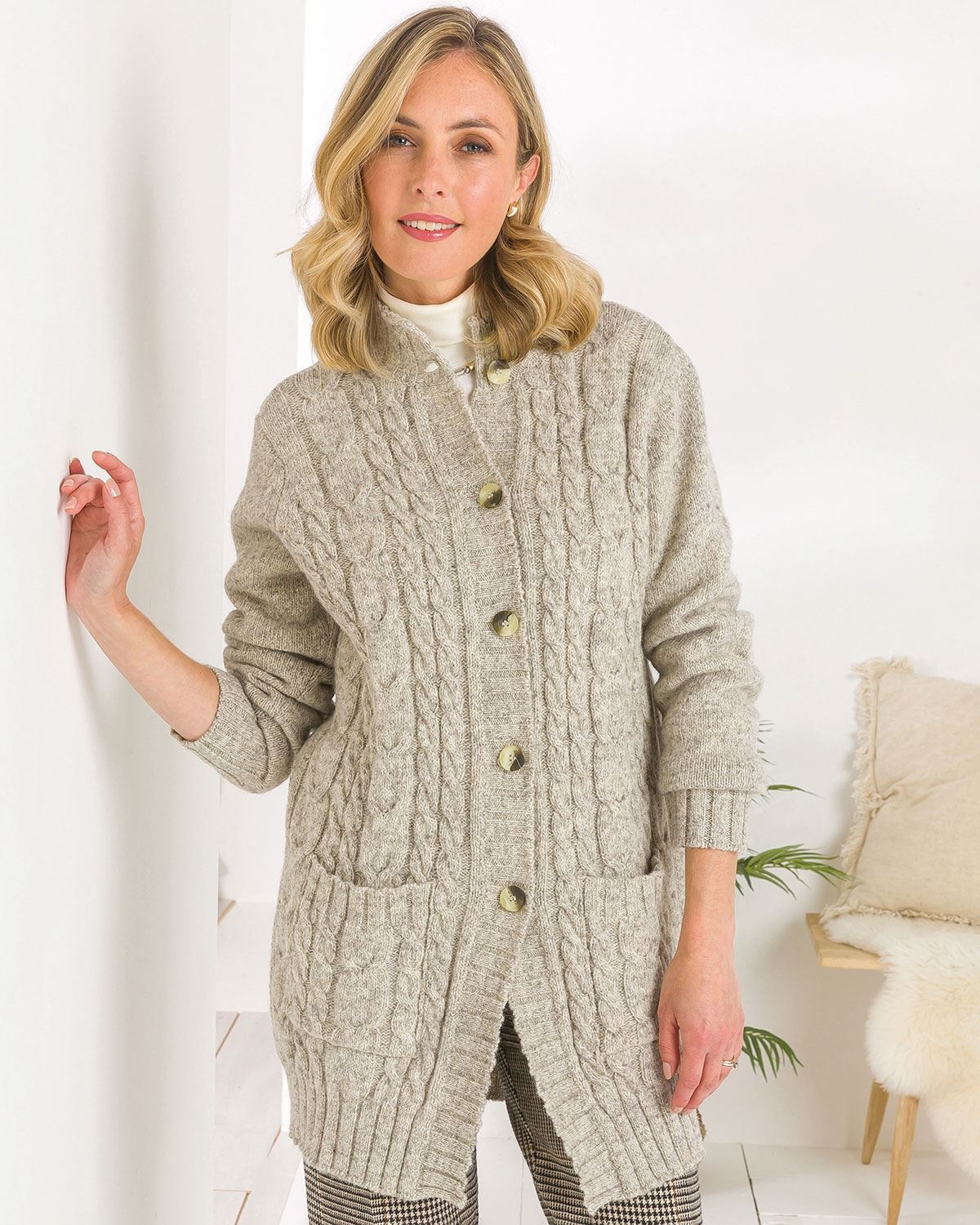 Elsie Longline Pure Shetland Wool Cable Cardigan - Natural - Image 2 - The Classic Boutique