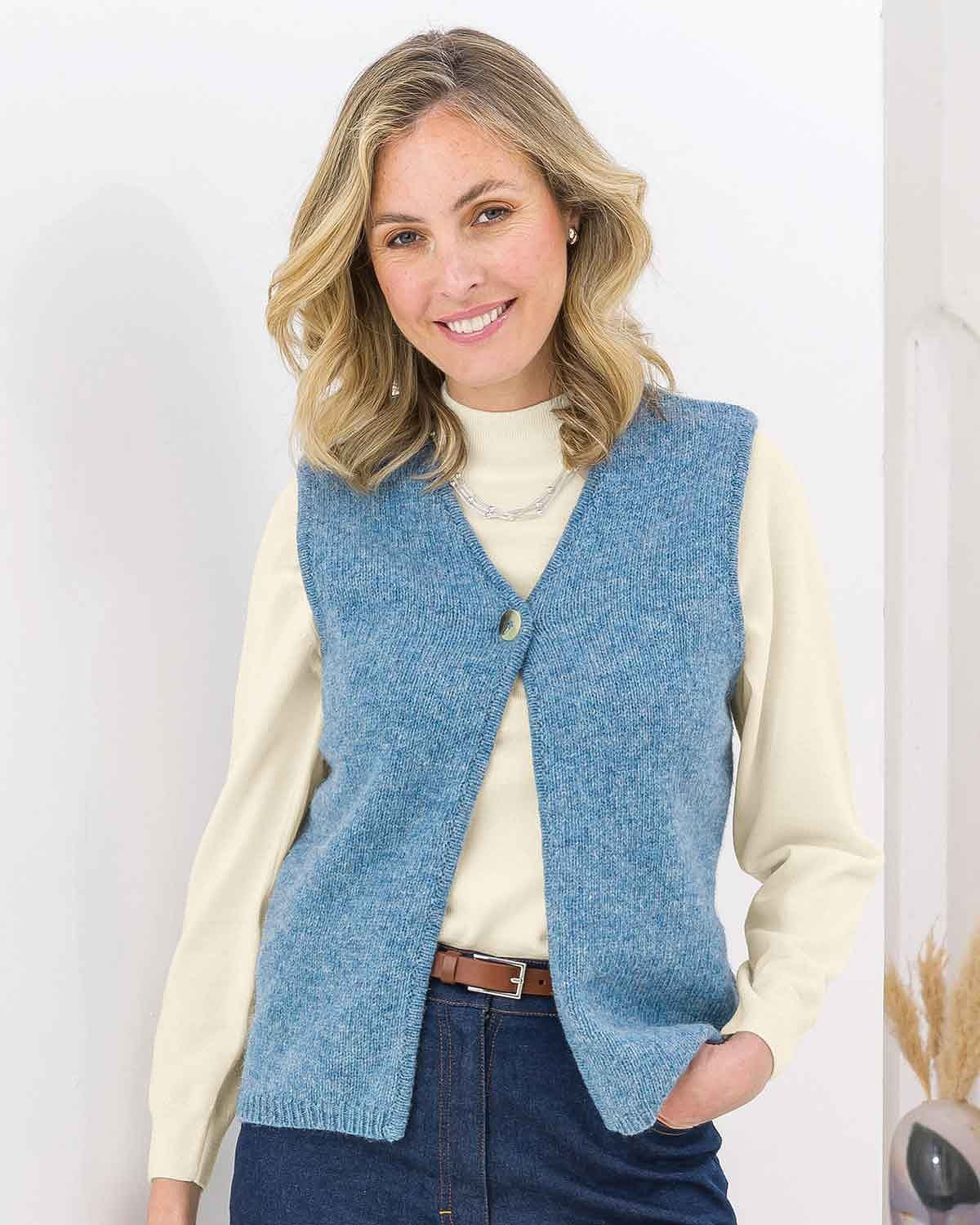 Nina V Neck Pure Shetland Wool Waistcoat - Chambray - Image 1 - The Classic Boutique