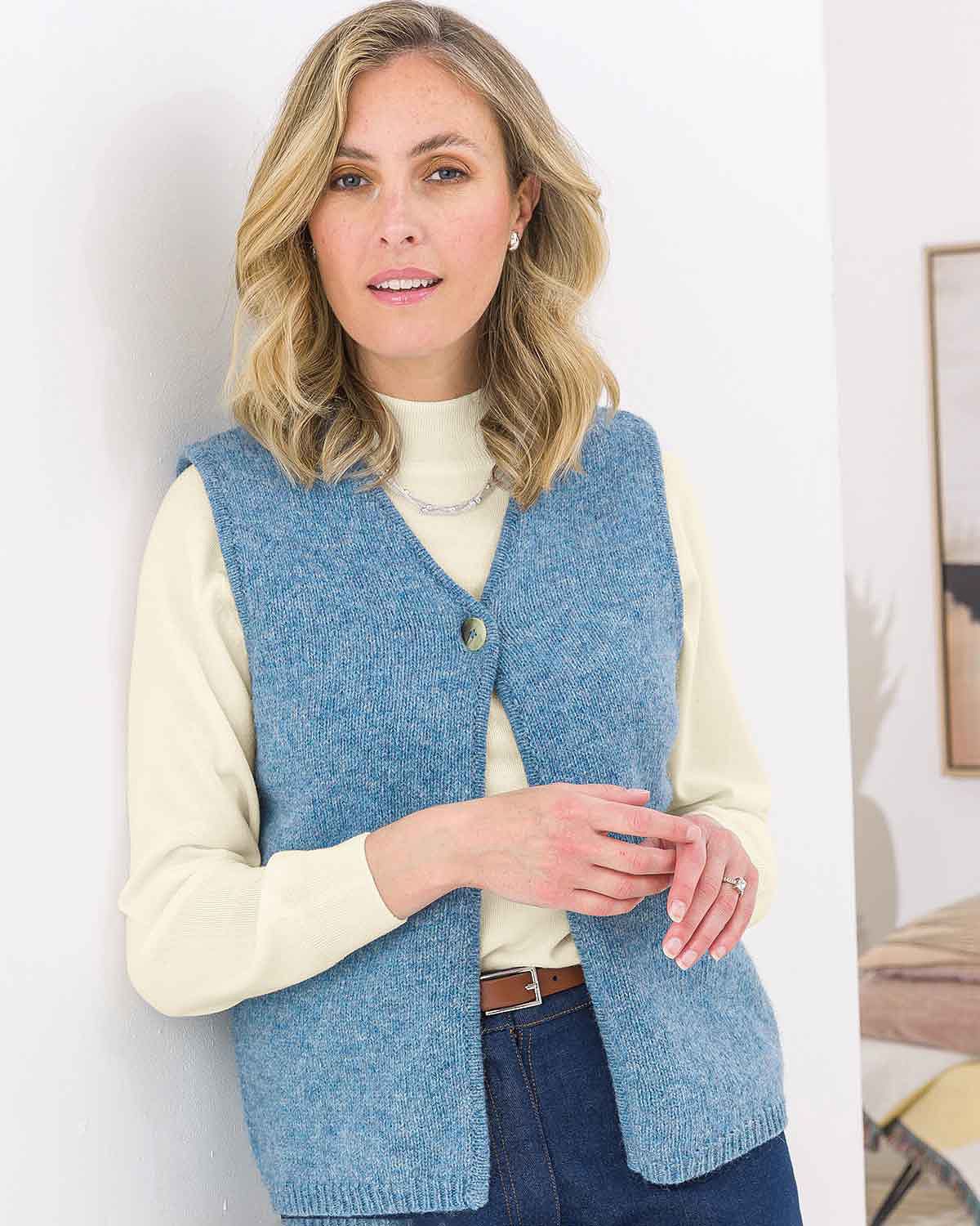 Nina V Neck Pure Shetland Wool Waistcoat - Chambray - Image 2 - The Classic Boutique