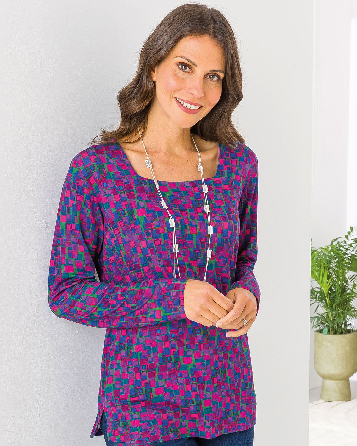 Athena Patterned Square Neck Long Sleeve Top - Image 1 - The Classic Boutique