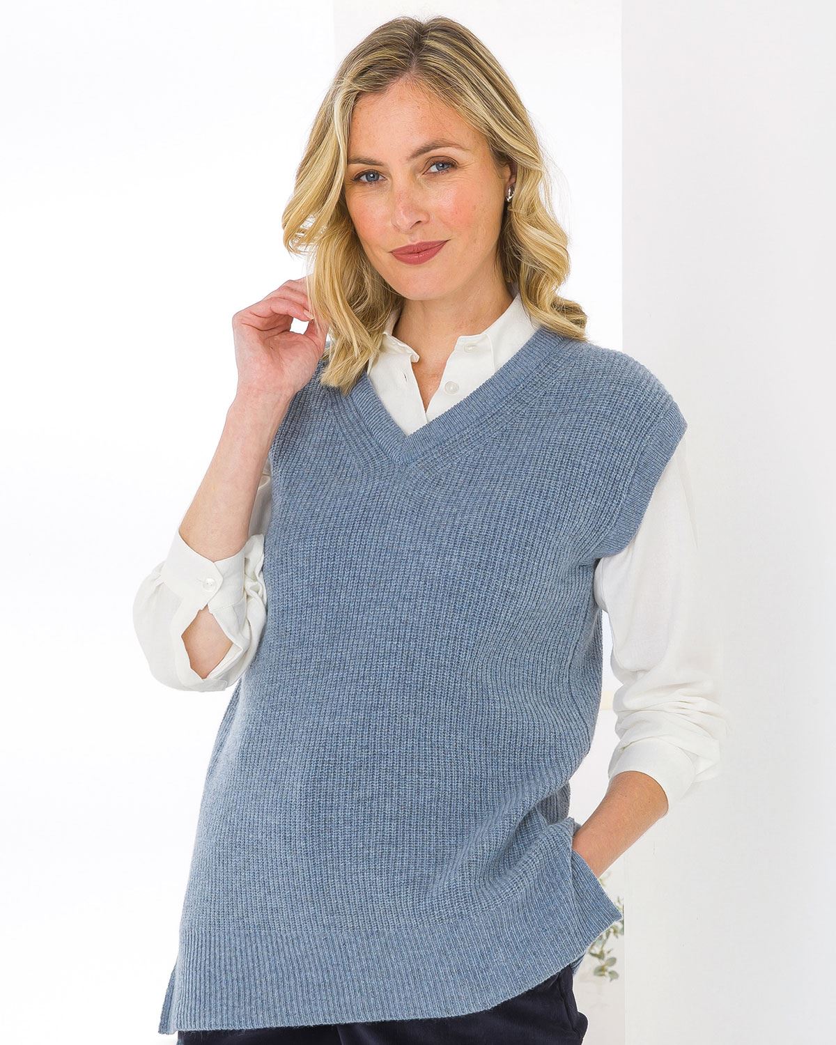 Ingrid V Neck Lambswool Tunic Slipover - Blue - Image 1 - The Classic Boutique