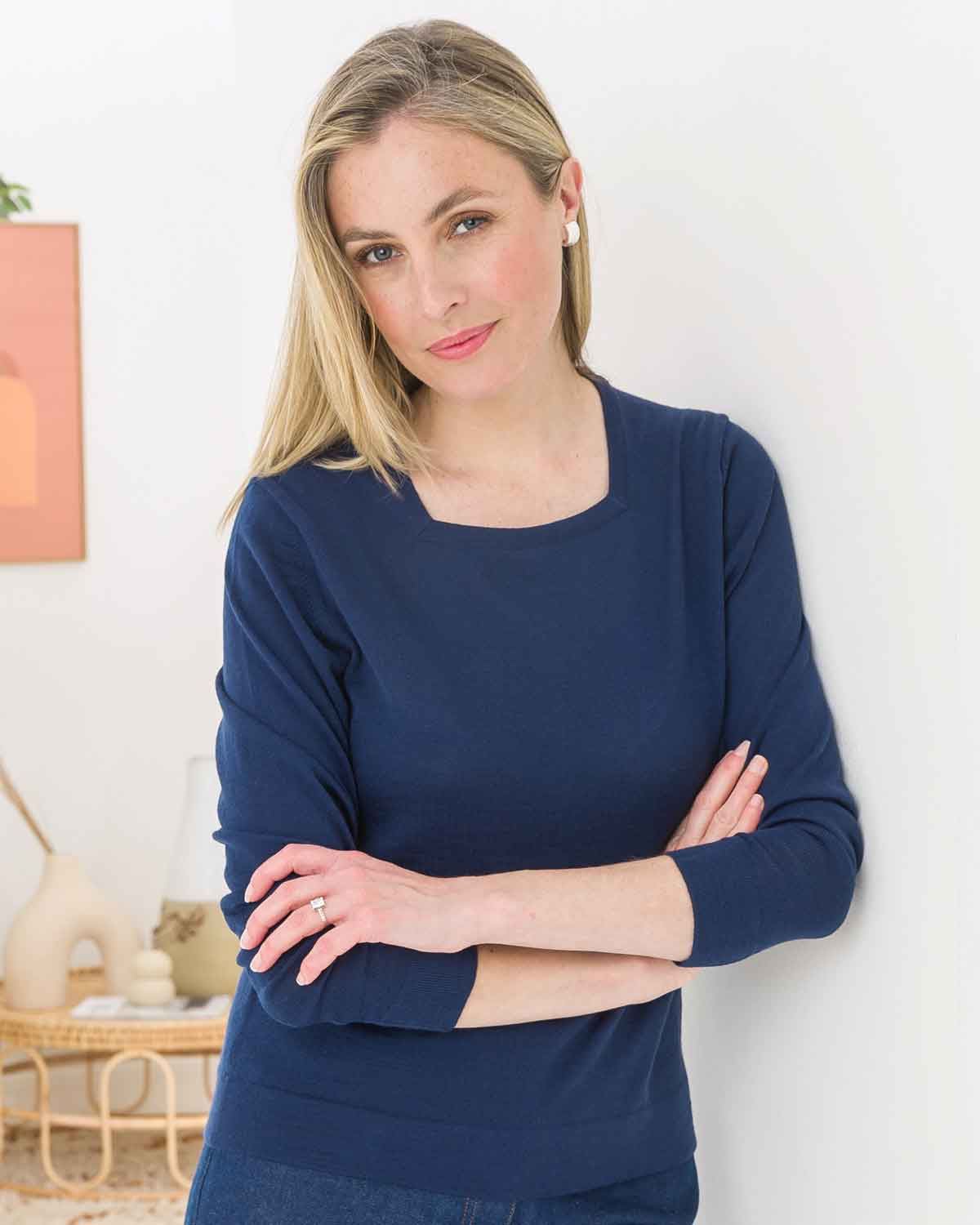 Merino Wool Mix Tessa Square Neck Sweater - Navy - The Classic Boutique