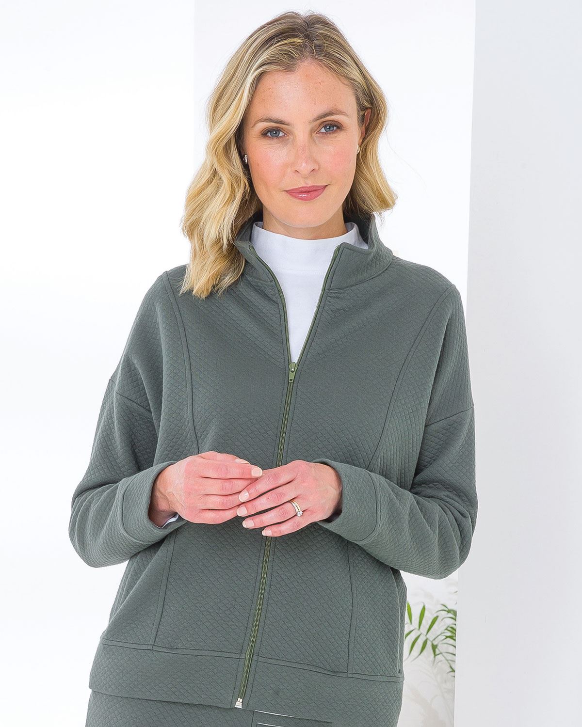 Savanna Quilted Zip Leisure Cardigan - Green - Image 2 - The Classic Boutique