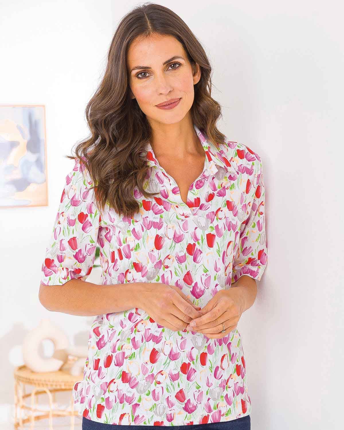 Flora Floral Cotton Short Sleeved Polo Top - Image 1 - The Classic Boutique
