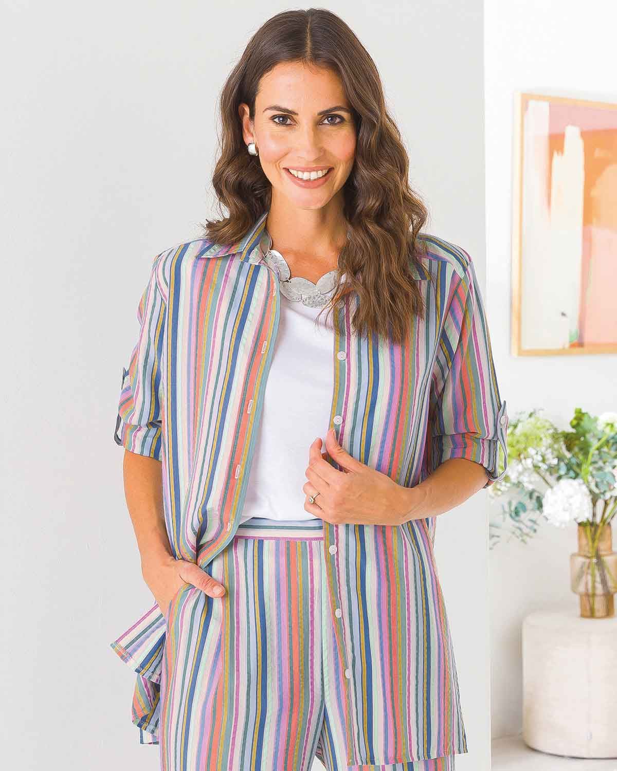 Lulu Pure Tencel Roll Sleeve Striped Blouse - Image 1 - The Classic Boutique