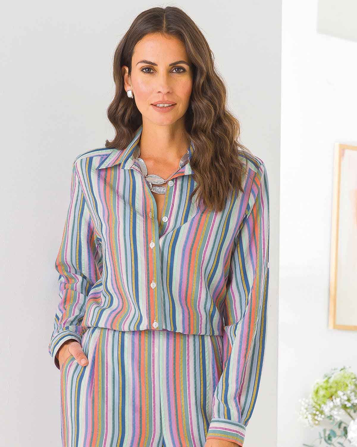Lulu Pure Tencel Roll Sleeve Striped Blouse - Image 2 - The Classic Boutique