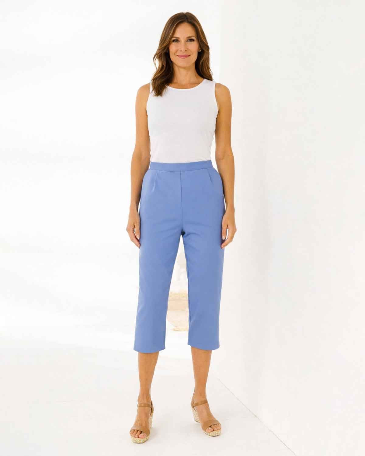 Easycare Cropped Pull On Trousers - Cornflower - The Classic Boutique