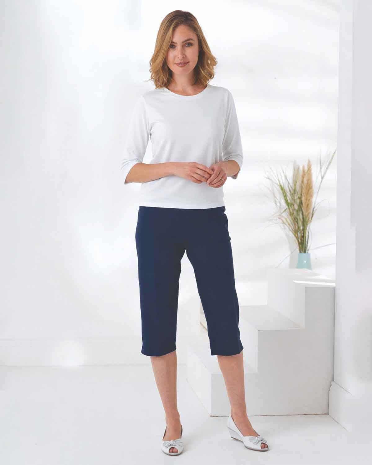 Easycare Cropped Pull On Trousers - Navy - The Classic Boutique