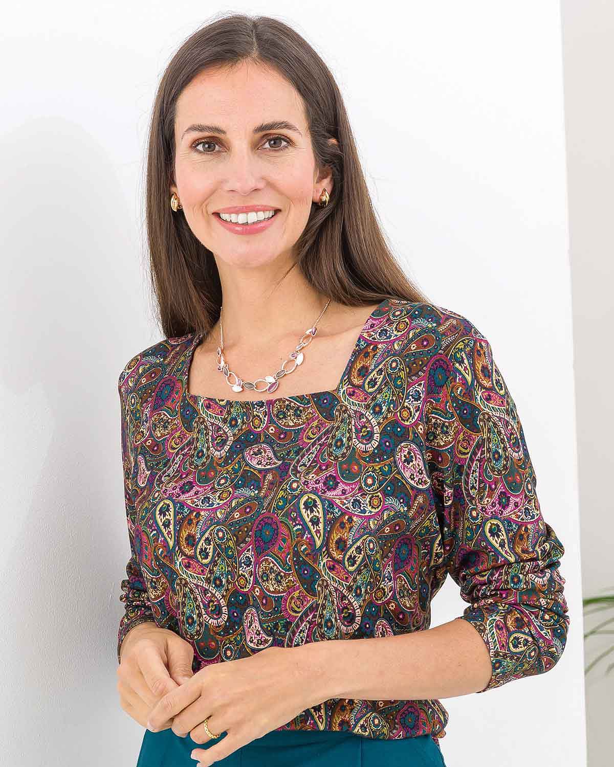 Rosalyn Patterned Viscose Long Sleeve Square Neck Top - Image 1 - The Classic Boutique