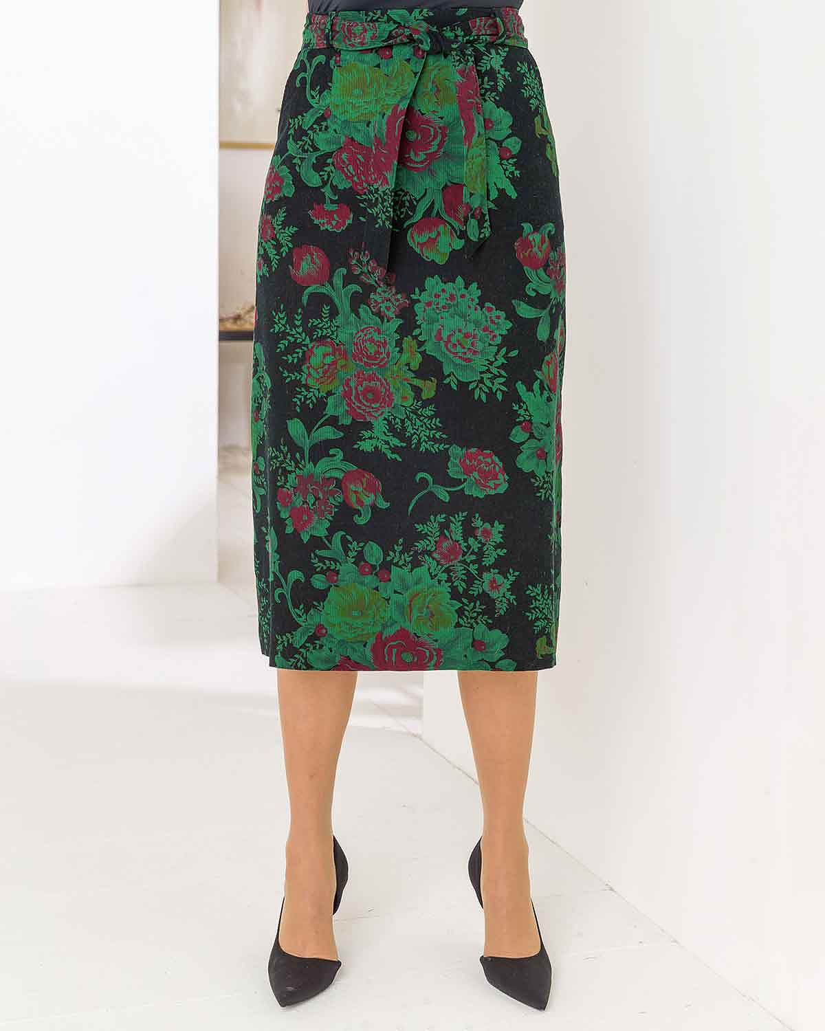 Terrie Belted Floral Needlecord Lined Skirt - Image 1 - The Classic Boutique