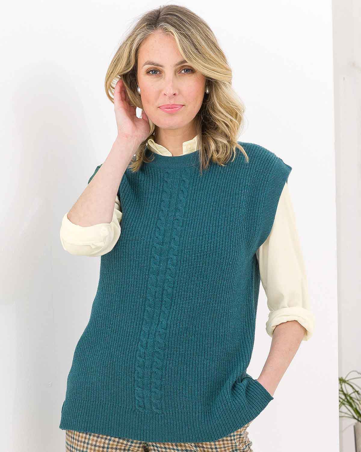 Casey Cable Knit Lambswool Slipover - Peacock - Image 1 - The Classic Boutique