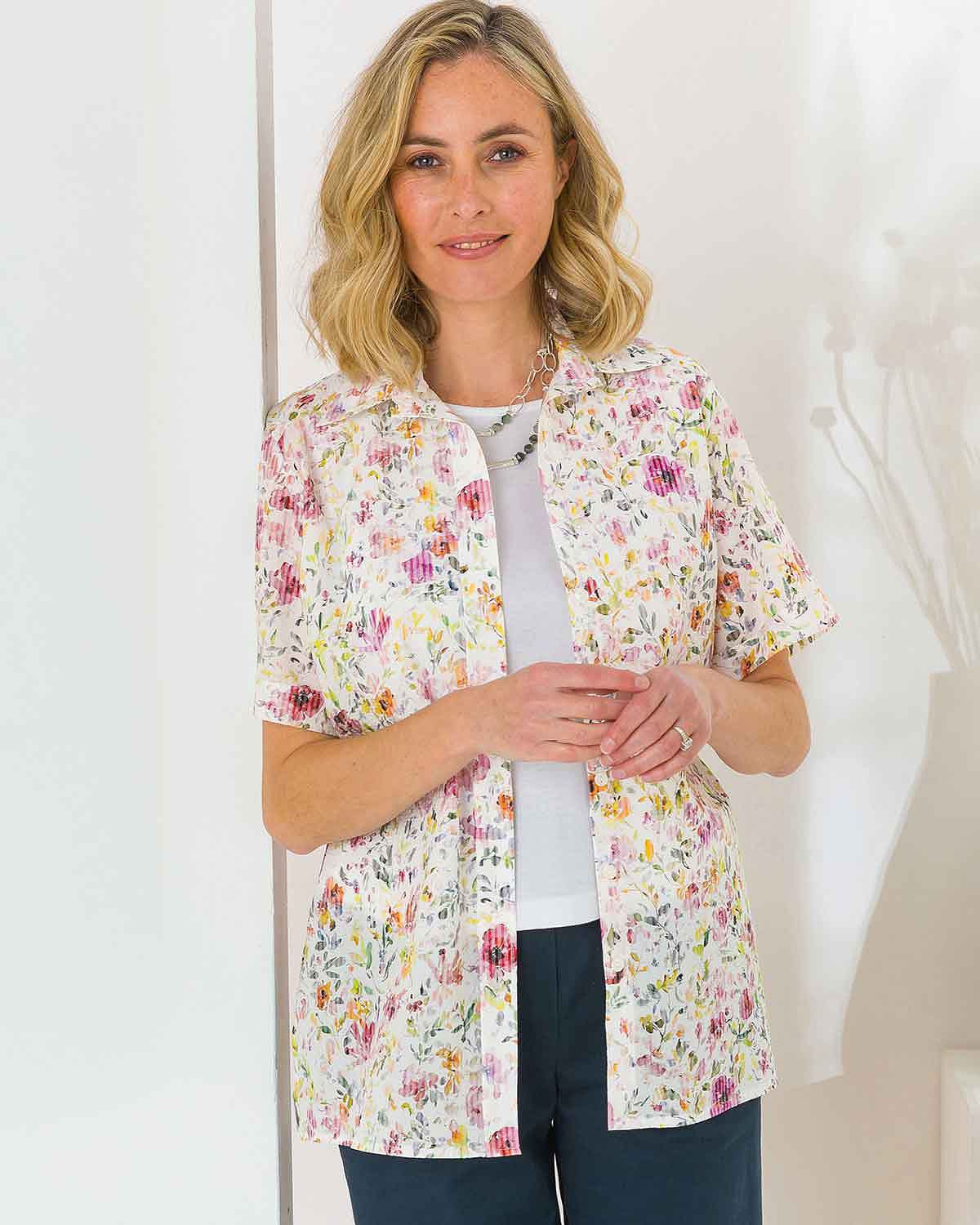 Eedie Floral Pure Cotton Short Sleeve Blouse - Image 1 - The Classic Boutique