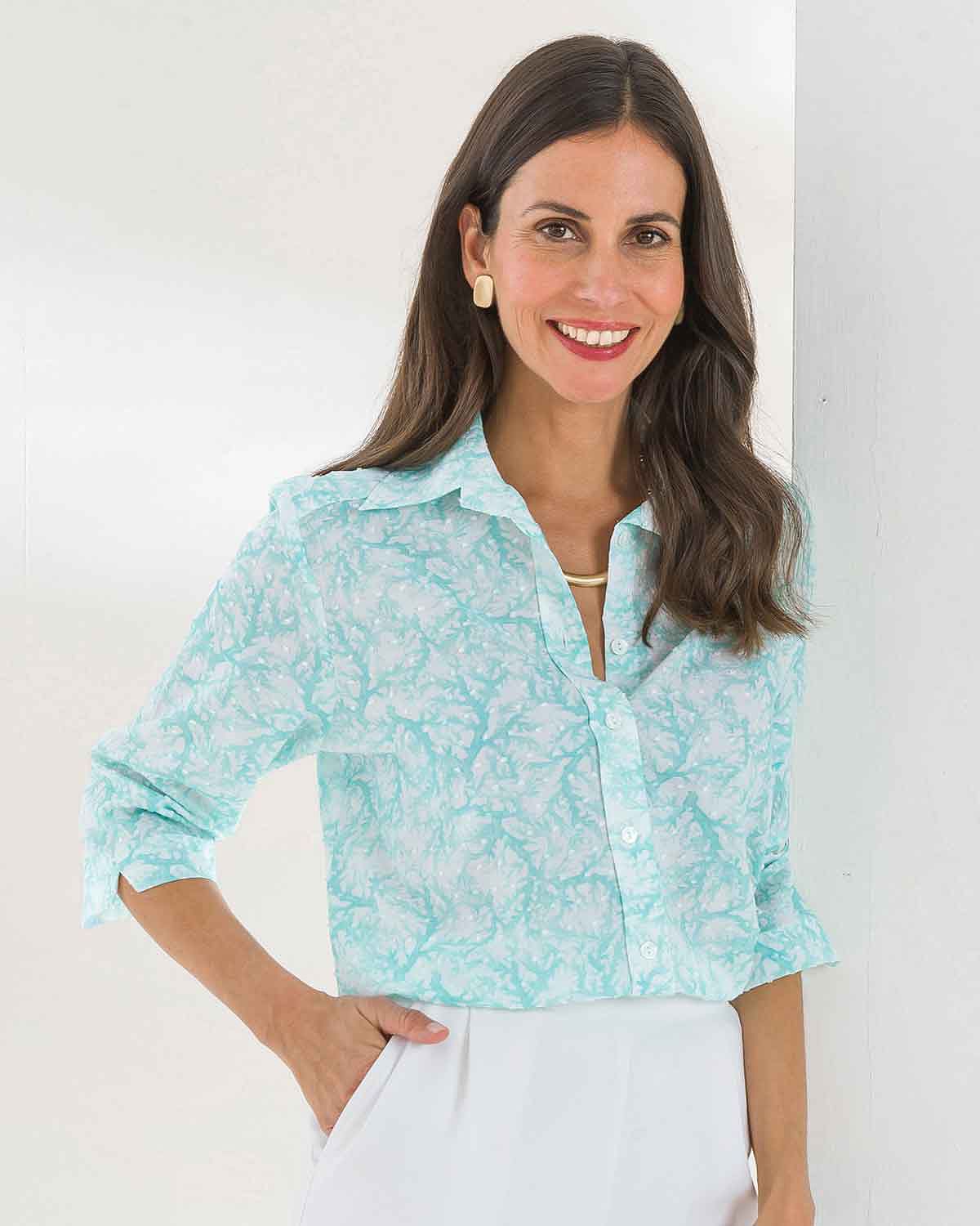 Marion Patterned Pure Cotton 3/4 Sleeve Blouse - Image 2 - The Classic Boutique