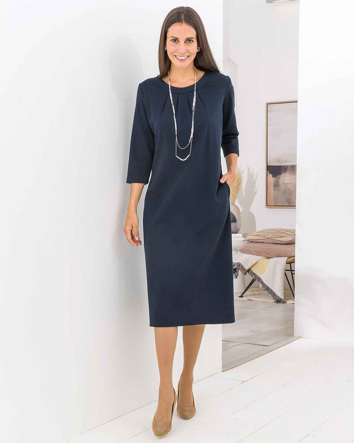 Isla Wool Blend Pull On 3/4 Sleeve Dress - Navy - Image 1 - The Classic Boutique