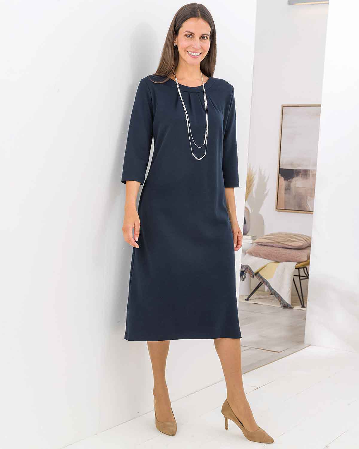 Isla Wool Blend Pull On 3/4 Sleeve Dress - Navy - Image 2 - The Classic Boutique