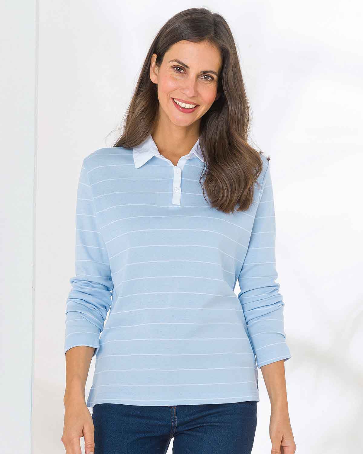 Sarah Striped Long Sleeve Cotton Polo Top - Blue - Image 2 - The Classic Boutique