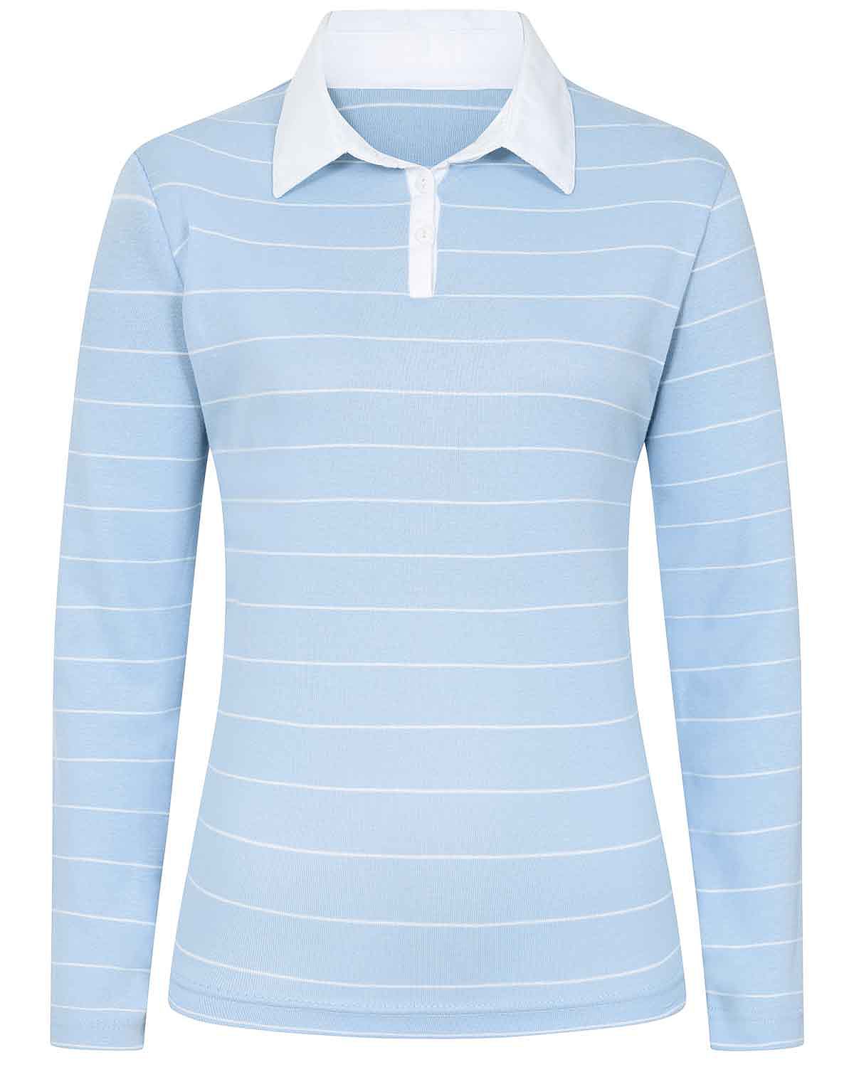 Sarah Striped Long Sleeve Cotton Polo Top - Blue - Image 3 - The Classic Boutique