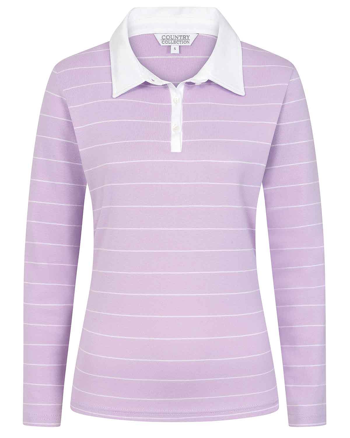 Sarah Striped Long Sleeve Cotton Polo Top - Lilac - Image 4 - The Classic Boutique