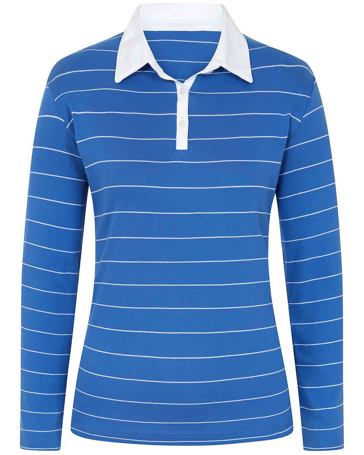 Sarah Striped Long Sleeve Cotton Polo Top - Navy - Image 3 - The Classic Boutique