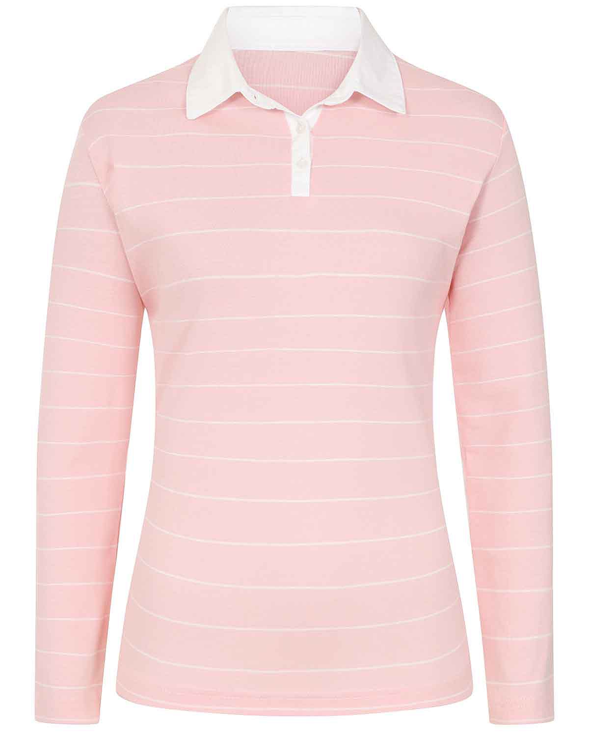 Sarah Striped Long Sleeve Cotton Polo Top - Pink - Image 3 - The Classic Boutique