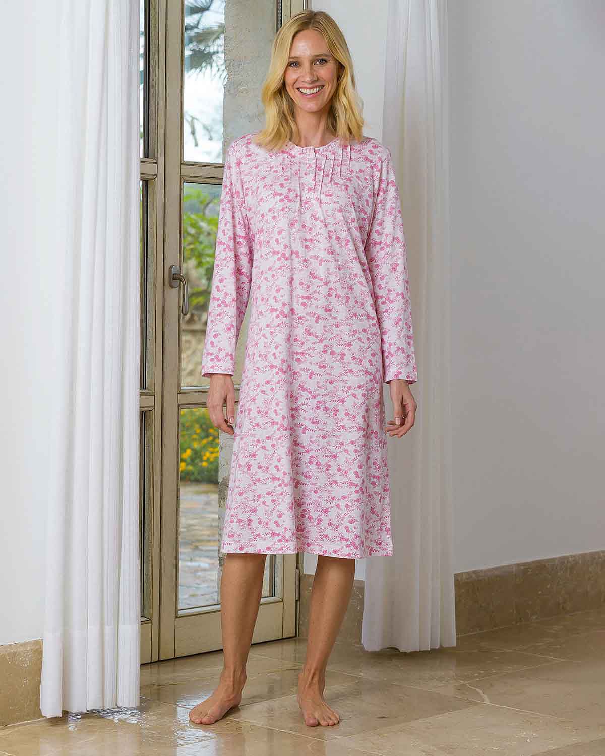 Lillian Floral Long Sleeve Cotton Jersey Nightdress - Image 1 - The Classic Boutique