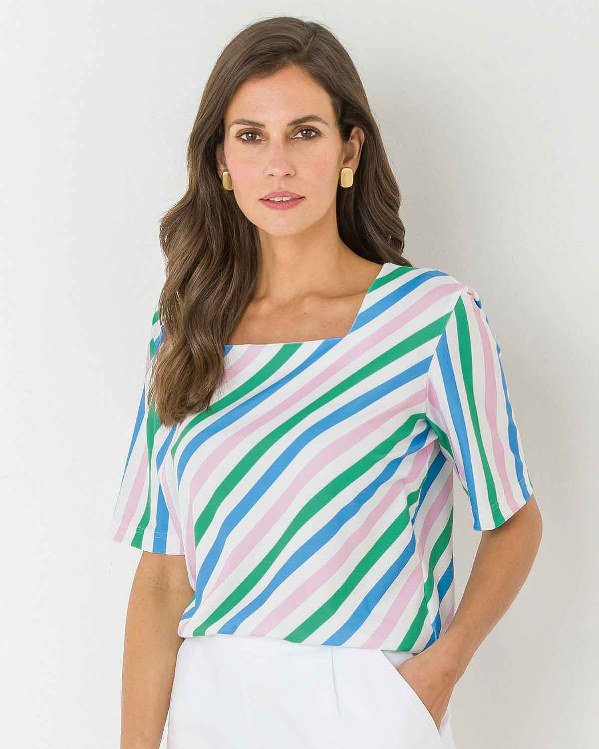 Jardino Multi-coloured Striped Square Neck T-shirt - Image 1 - The Classic Boutique