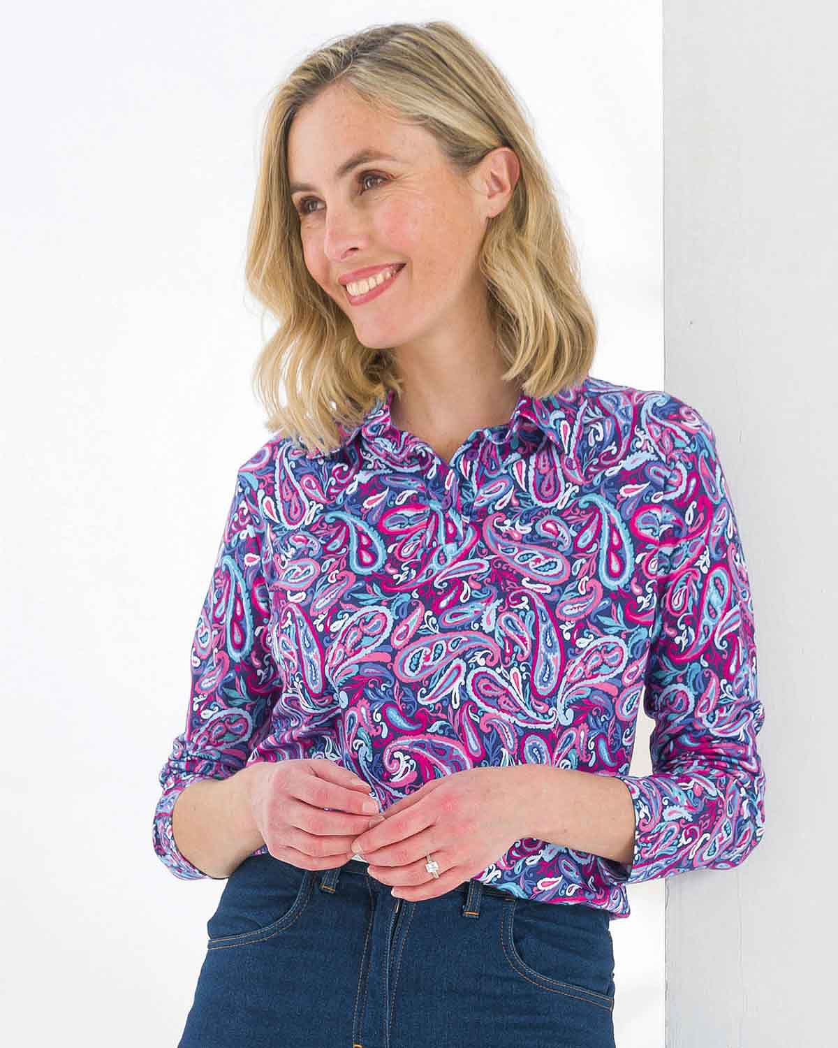 Pandora Patterned Cotton Long Sleeve Polo Top - Image 1 - The Classic Boutique