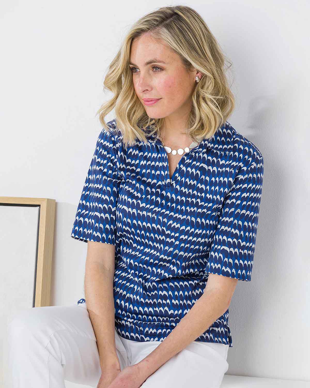 Leonie Patterned Cotton Short Sleeved Polo Top - Image 1 - The Classic Boutique