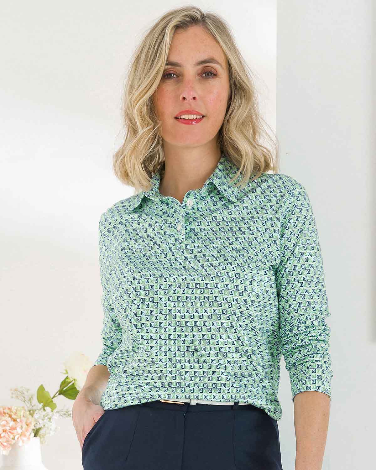 Olive Patterned Cotton Long Sleeve Polo Top - Image 1 - The Classic Boutique