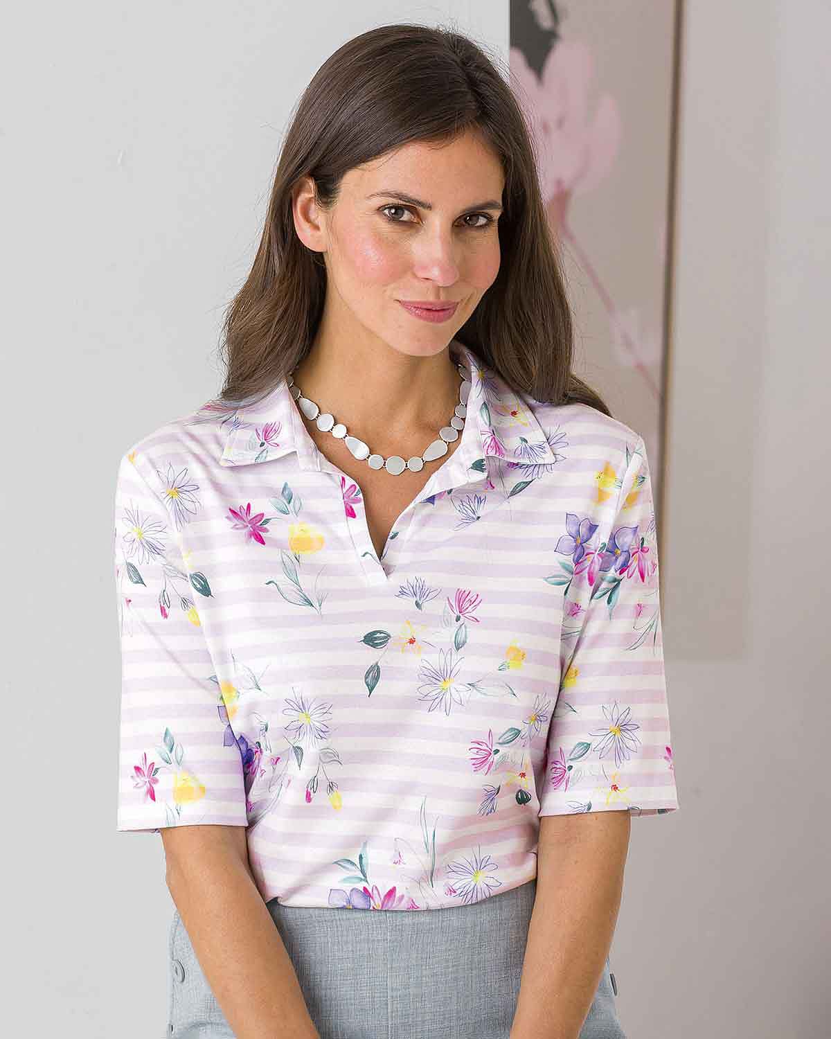 Sybil Floral Cotton Short Sleeved Polo Top - Image 1 - The Classic Boutique