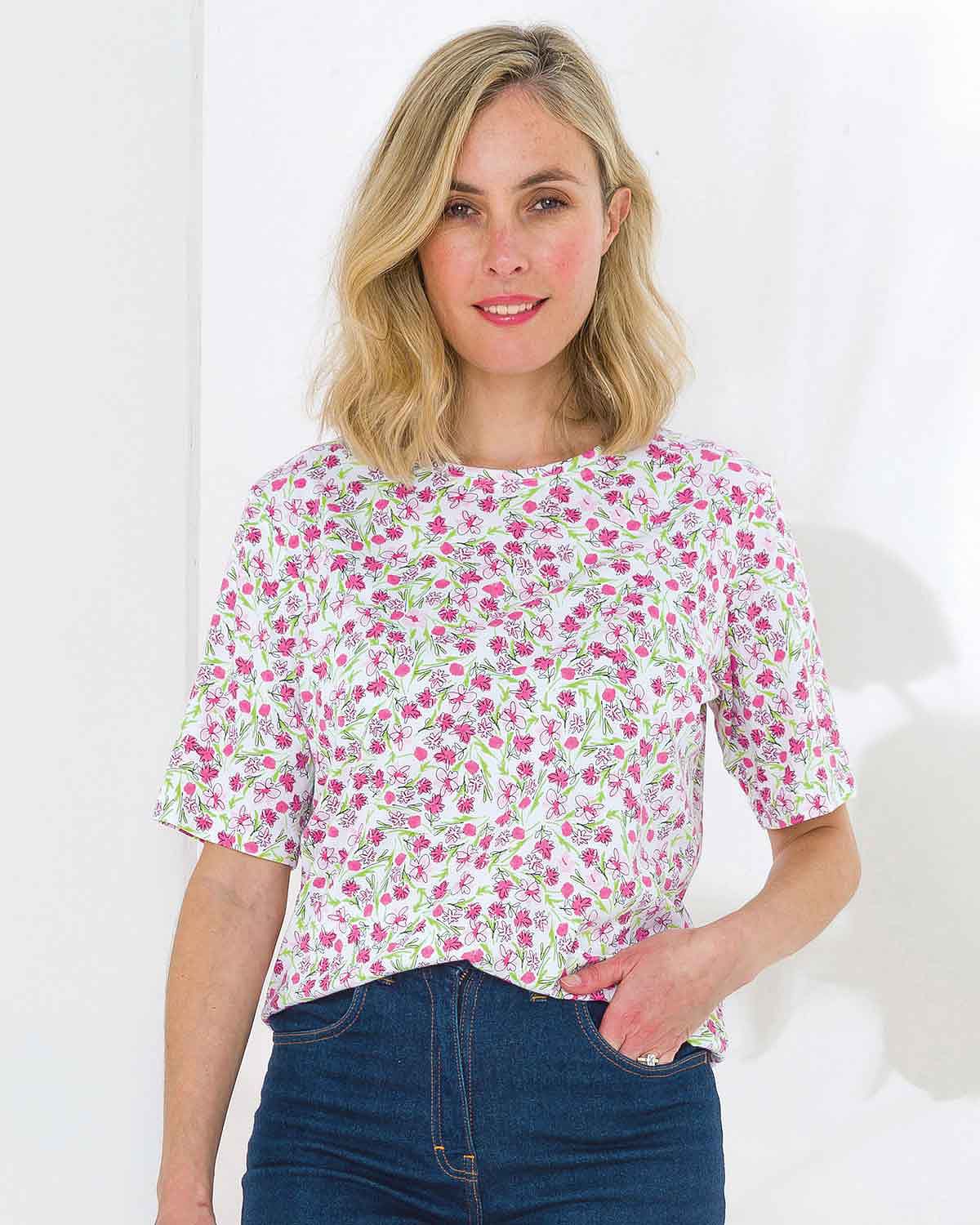 Violet Floral Short Sleeve Cotton Leisure Top - Image 1 - The Classic Boutique