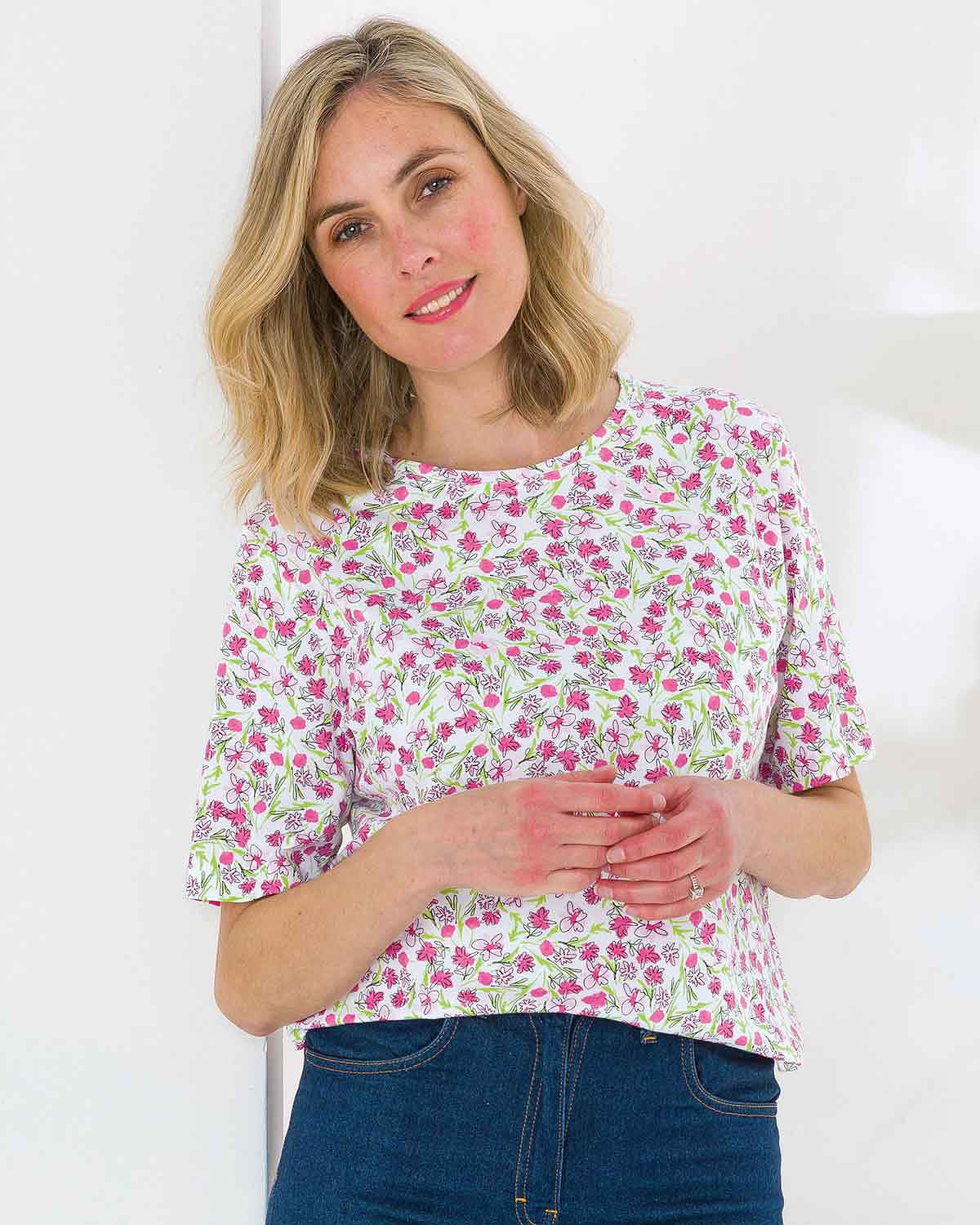 Violet Floral Short Sleeve Cotton Leisure Top - Image 2 - The Classic Boutique