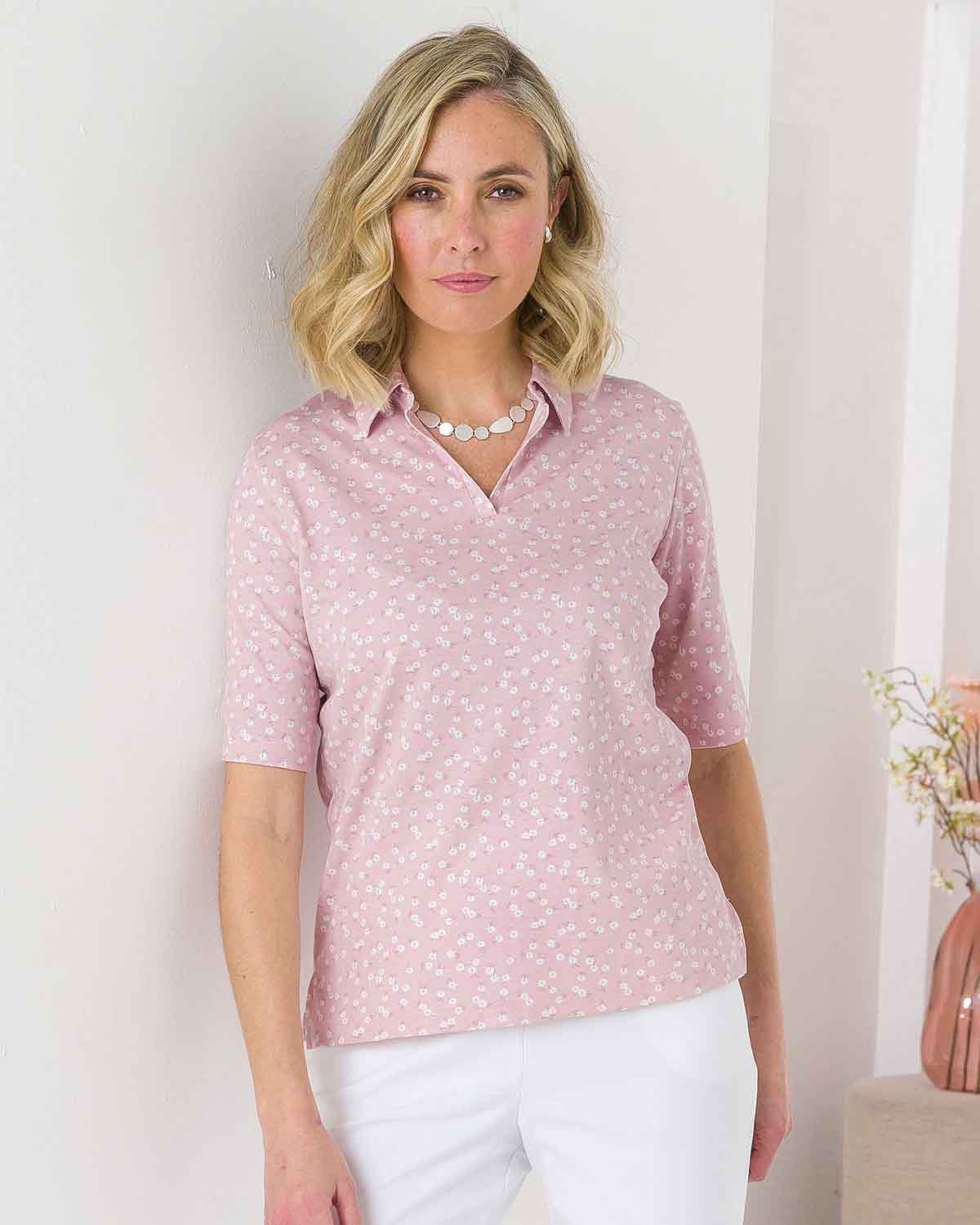 Alba Floral Cotton Short Sleeved Polo Top - Image 1 - The Classic Boutique