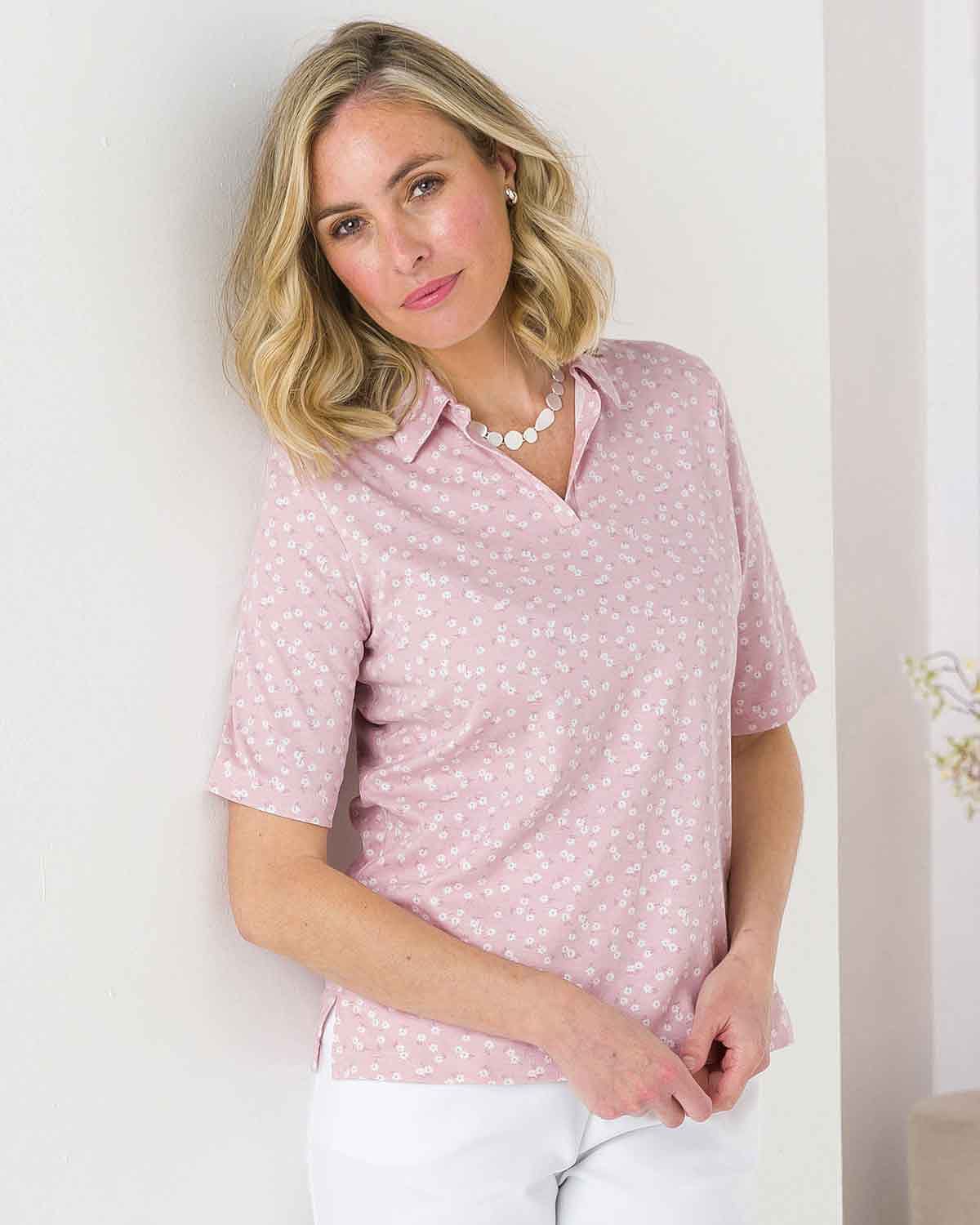Alba Floral Cotton Short Sleeved Polo Top - Image 2 - The Classic Boutique
