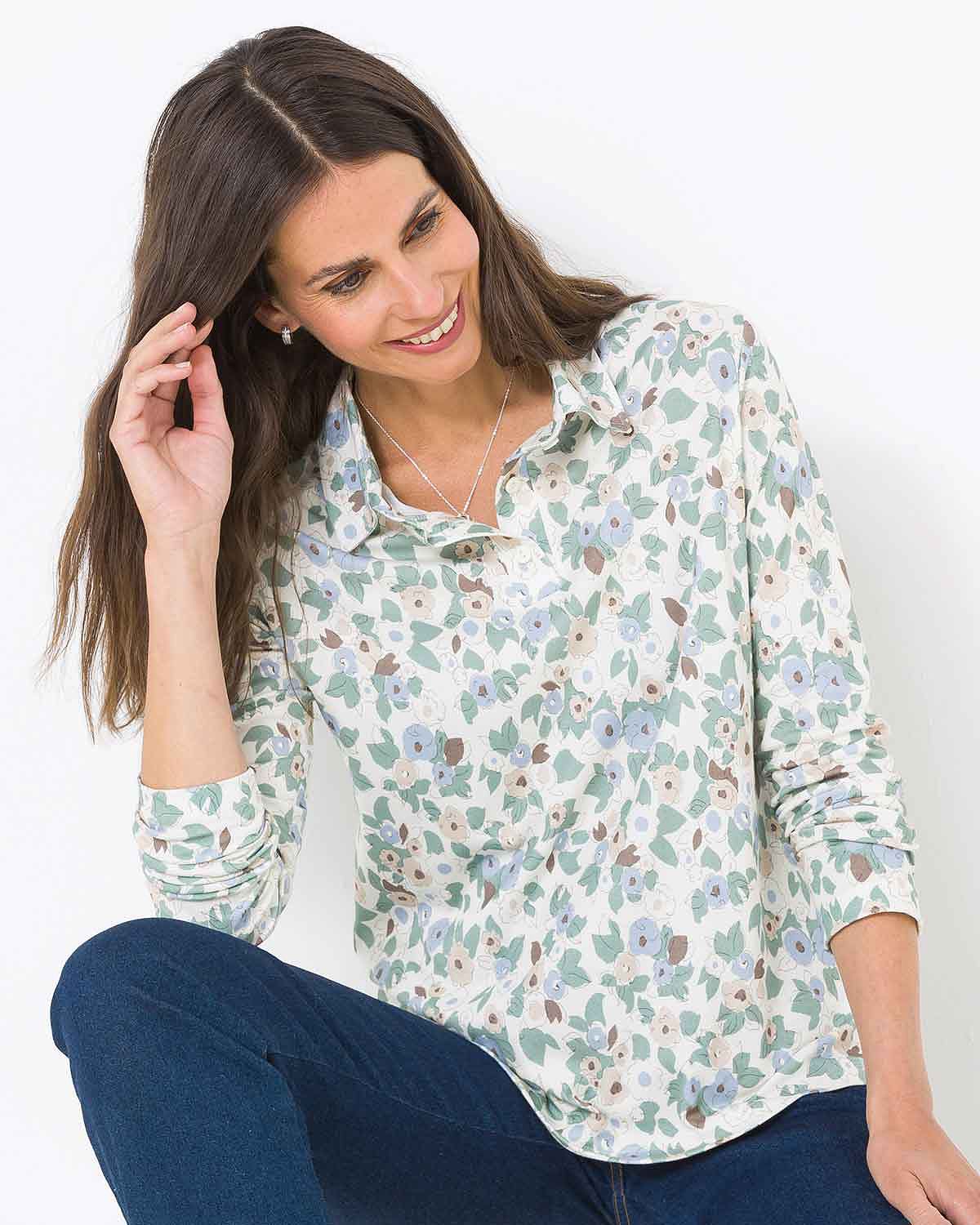 Amelie Floral Cotton Long Sleeved Polo Top - The Classic Boutique