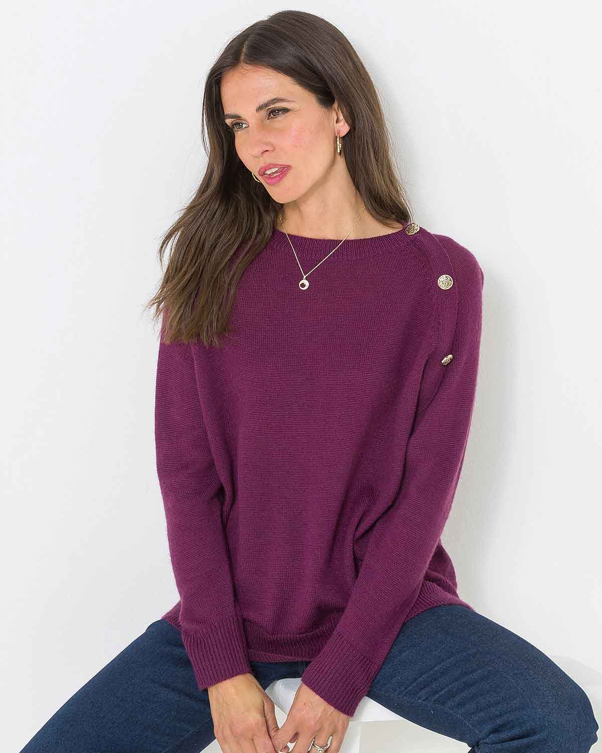 Maxine Button Detail Crew Neck Jumper - Plum - The Classic Boutique