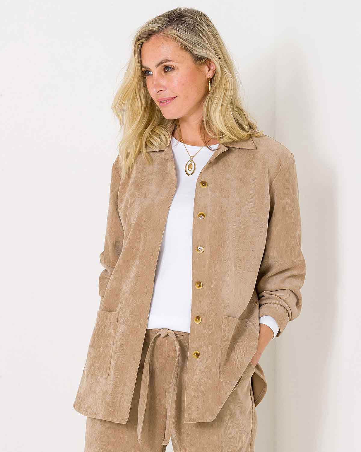 Paulina Camel Babycord Shirt Style Jacket - The Classic Boutique