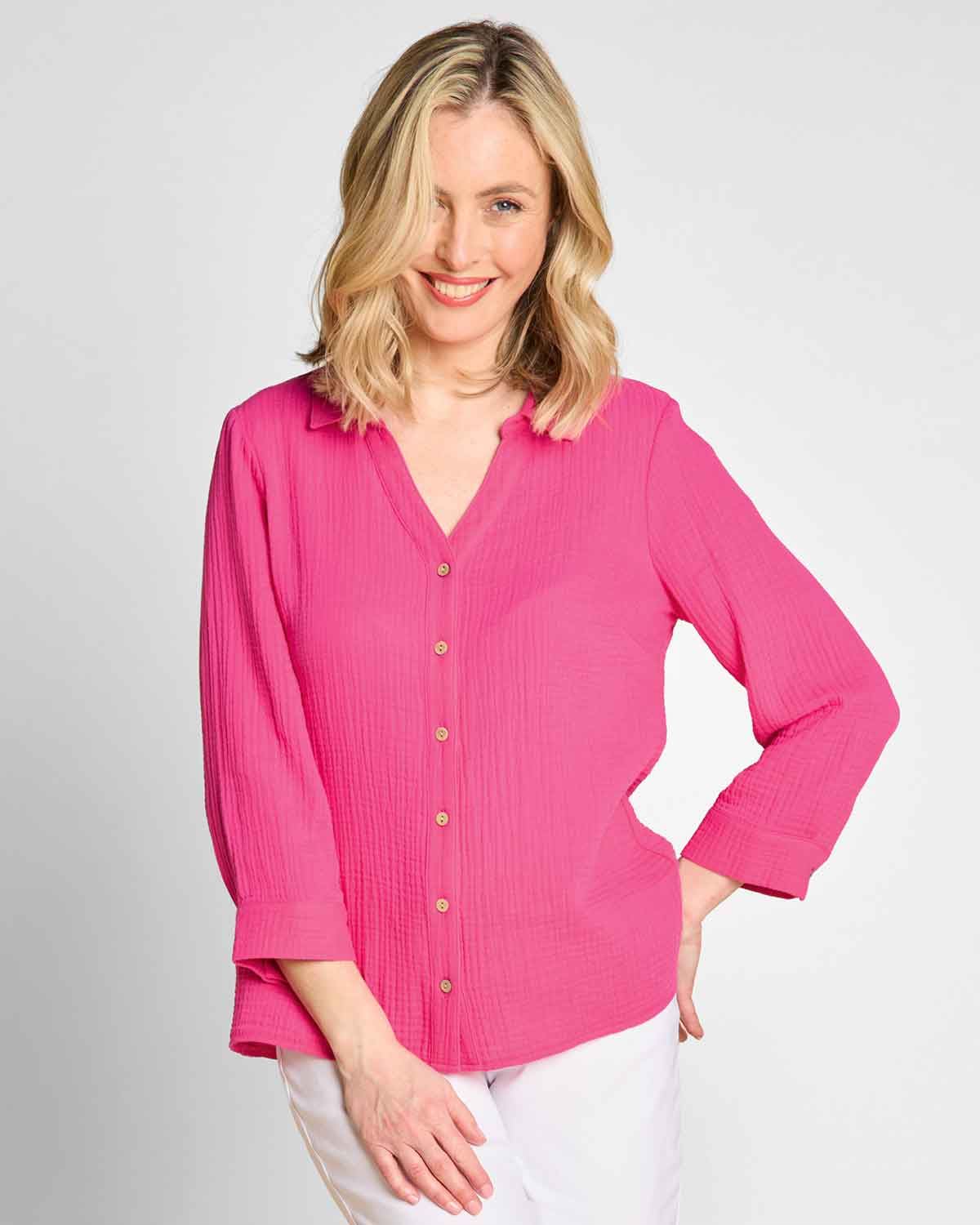 Lila Pink Pure Cotton 3/4 Sleeved Blouse - James Meade