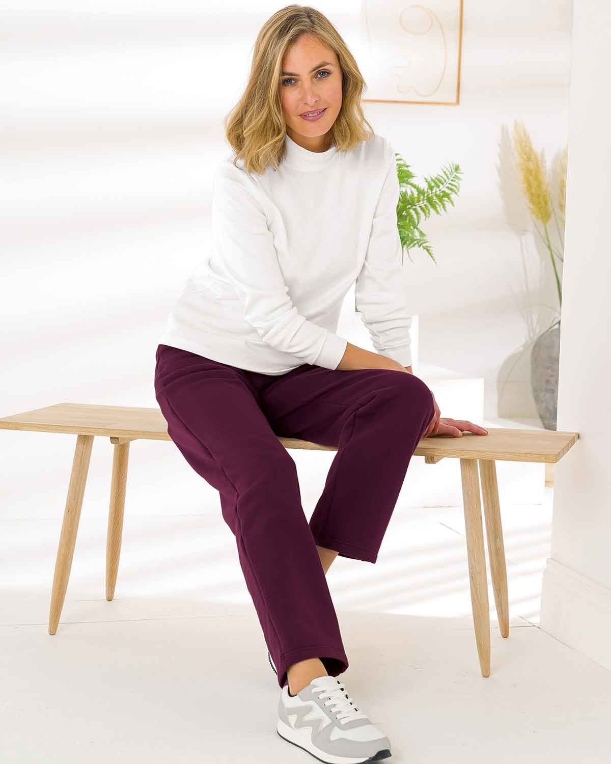 Ladies Cotton Mix Pull On Leisure Trousers - Claret - The Classic Boutique