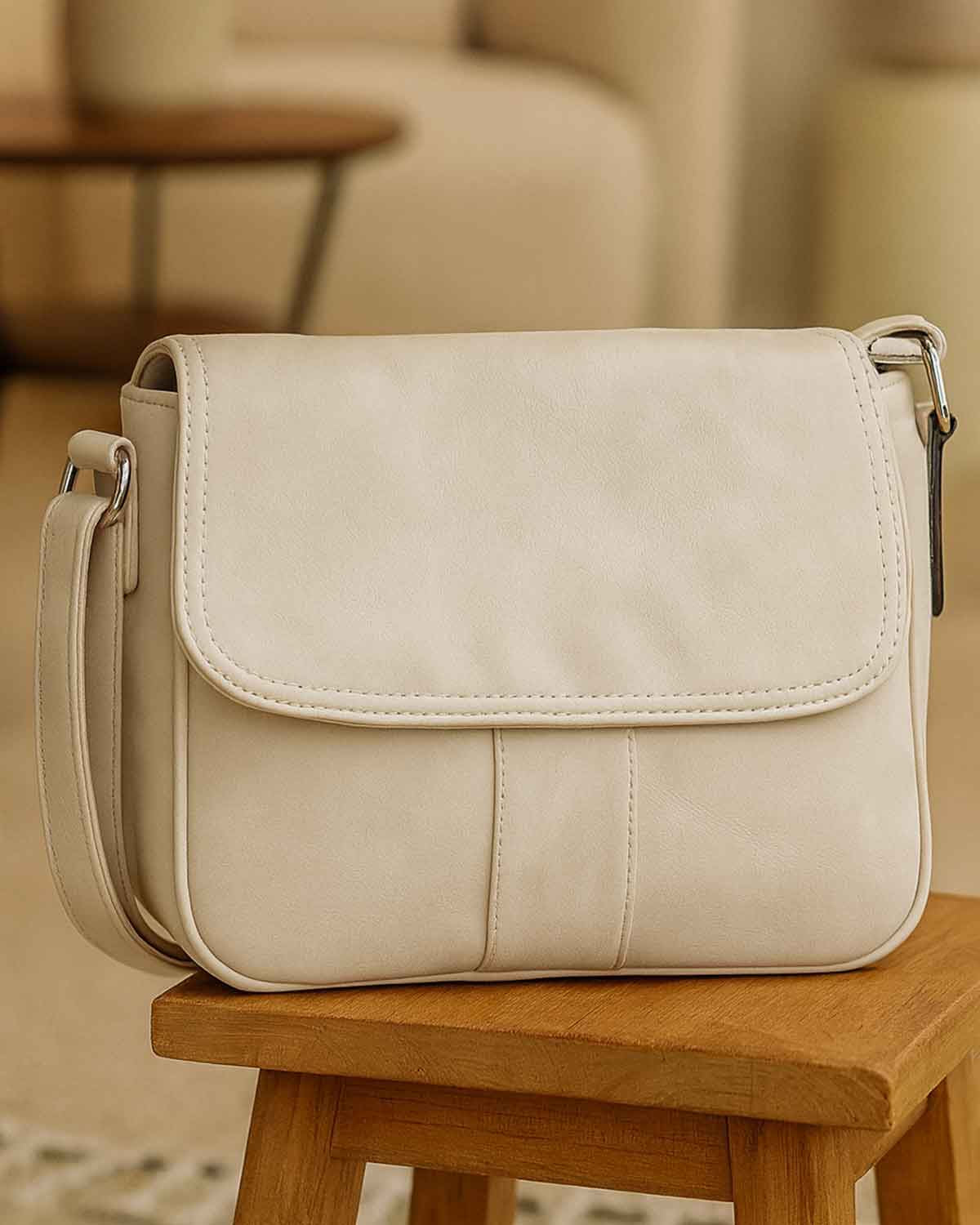 Nola Half Flap Soft Faux Leather Handbag - Cream - The Classic Boutique