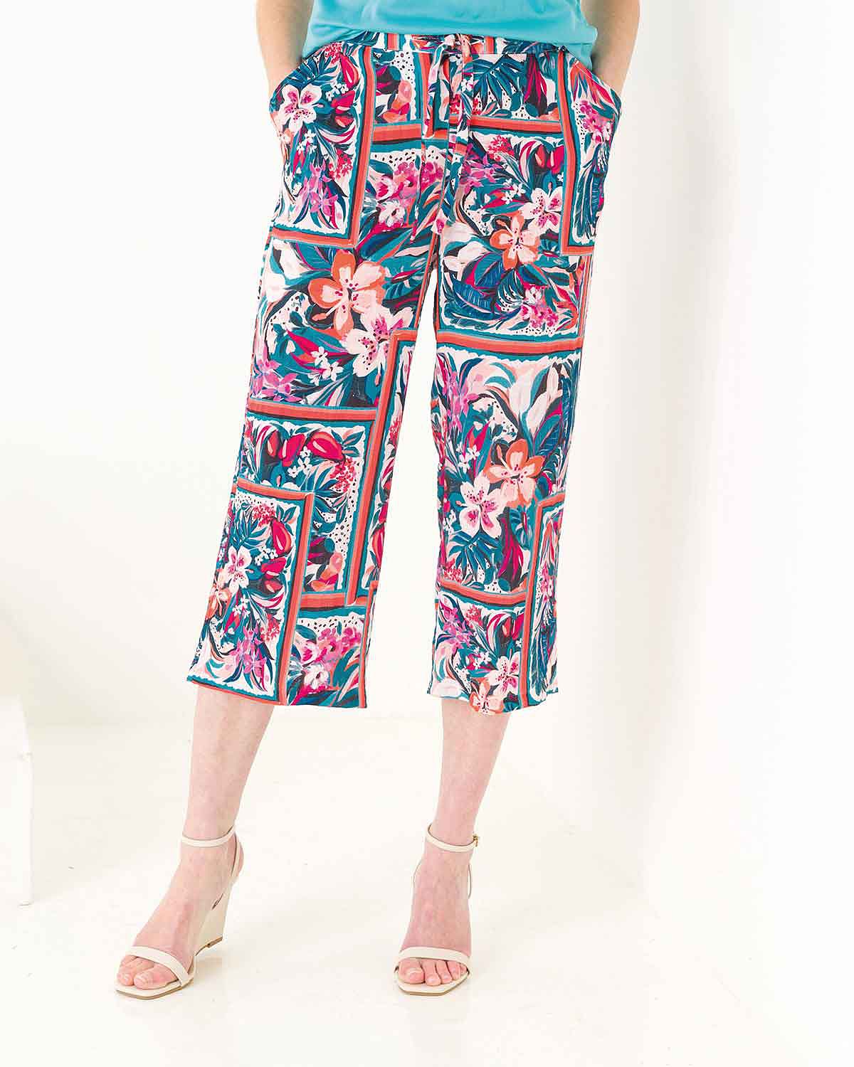 Belle Floral Cropped Pull On Viscose Mix Trousers - The Classic Boutique