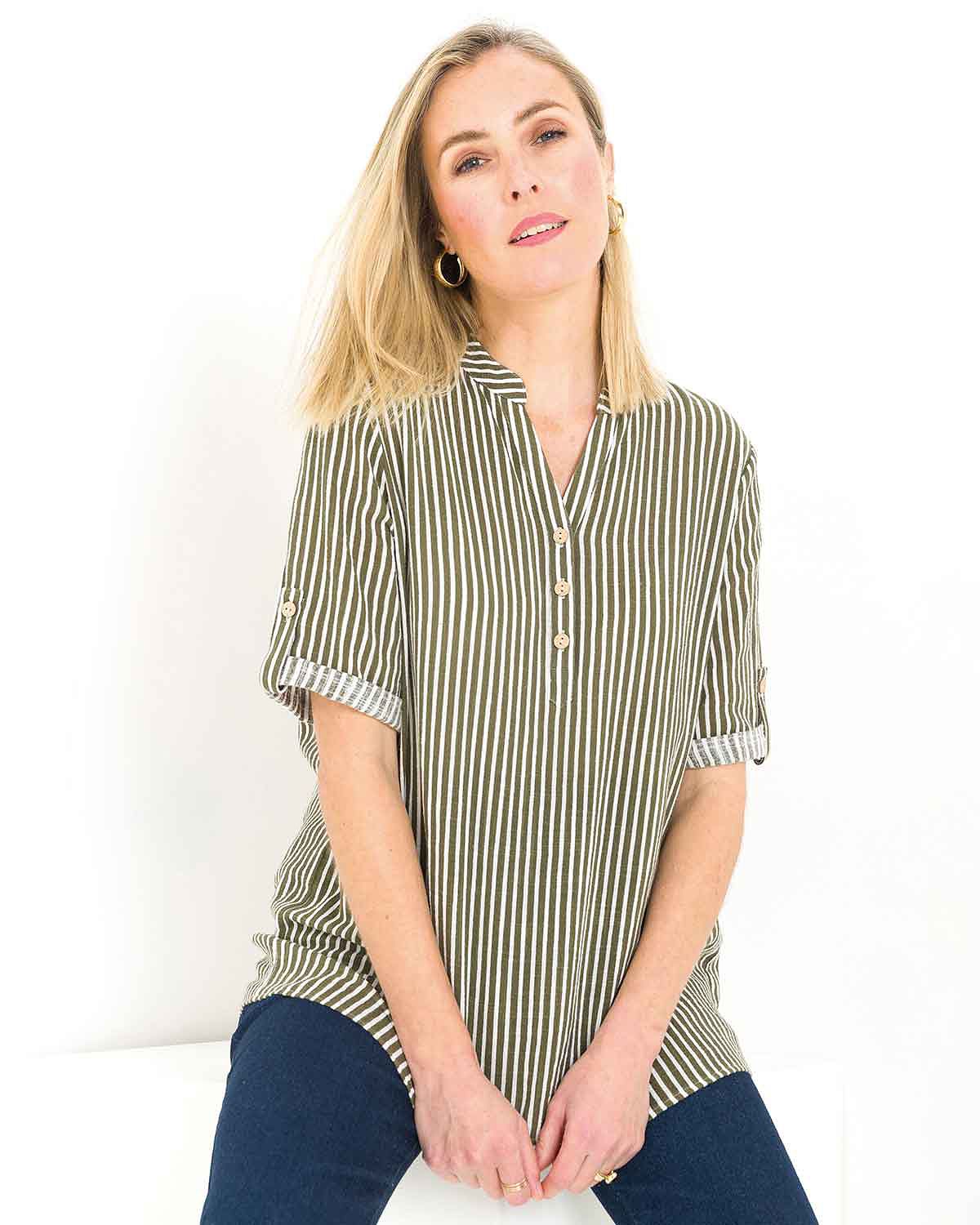 Samantha Striped 3/4 Sleeved Cotton Blouse - Khaki,White - James Meade