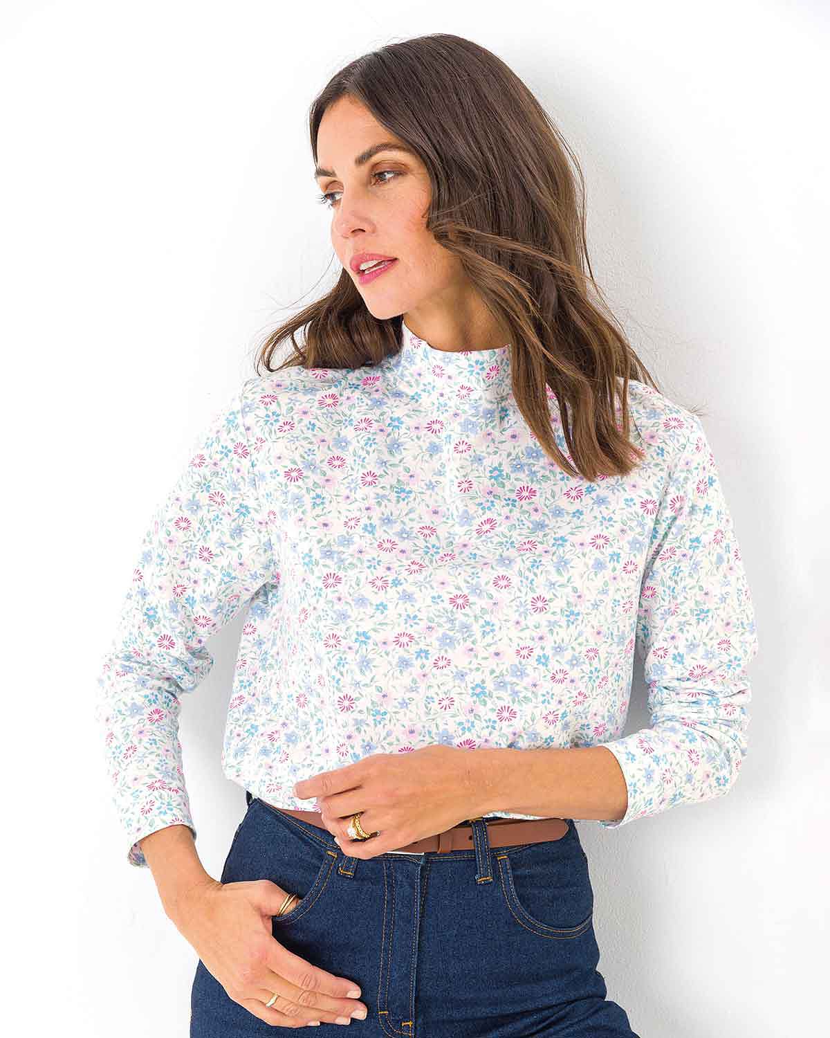 Ariella Floral Long Sleeved Cotton Turtle Neck Top - The Classic Boutique