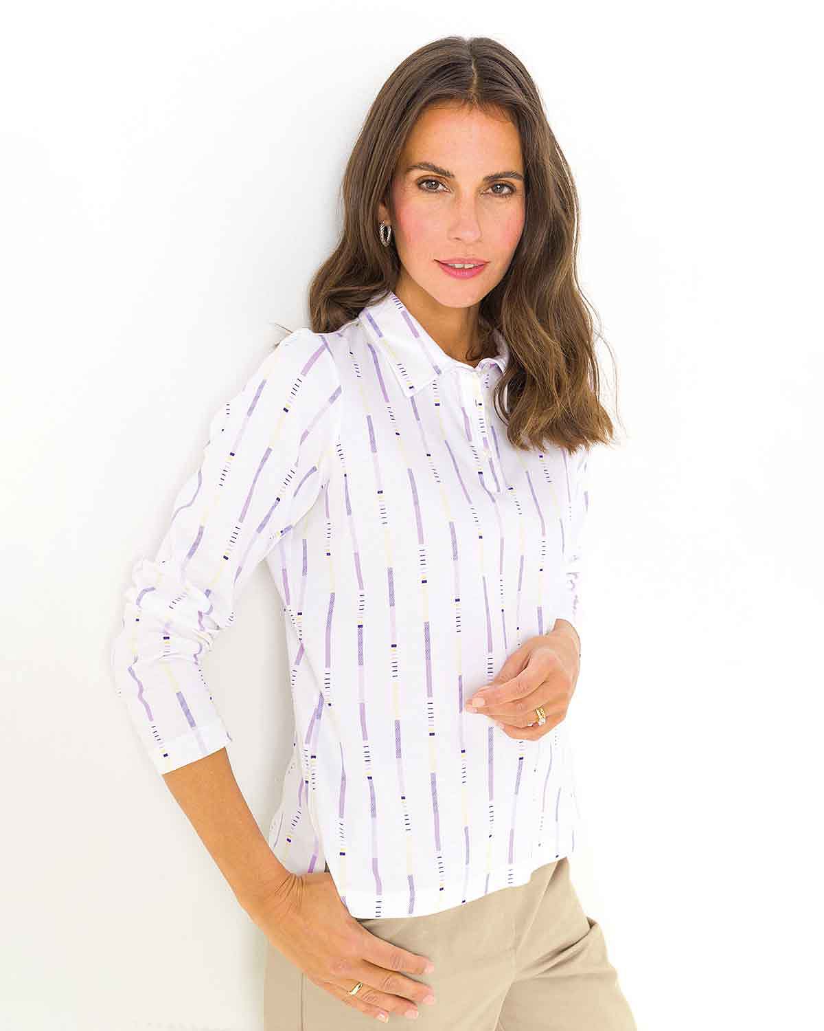 Pearl Striped Long Sleeved Cotton Polo Top - The Classic Boutique